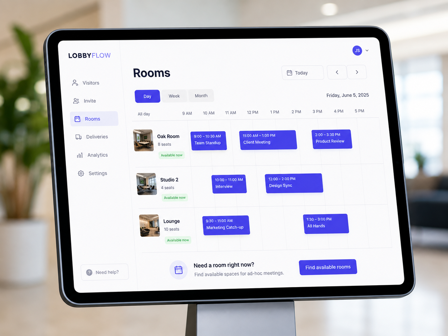 Meeting room booking schedule in LobbyFlow